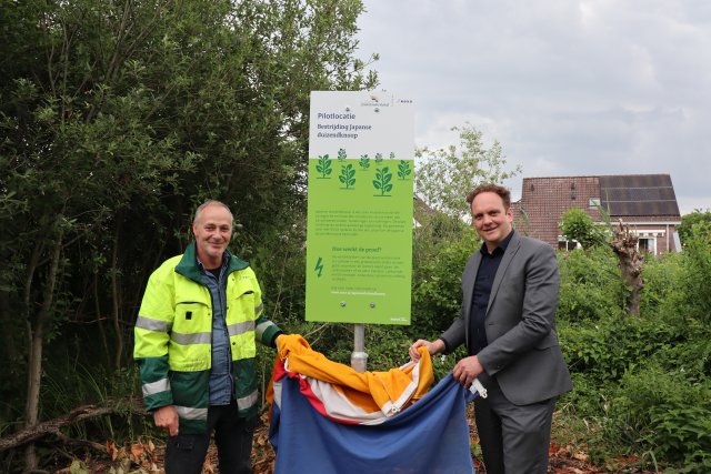 Wethouder Slingerland en Rova bij het pilotbord op proeflocatie bestrijding Janpanse duizendknoop