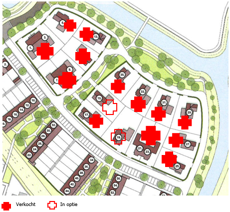 Kaart met status (verkocht/in optie) woningen fase 1B